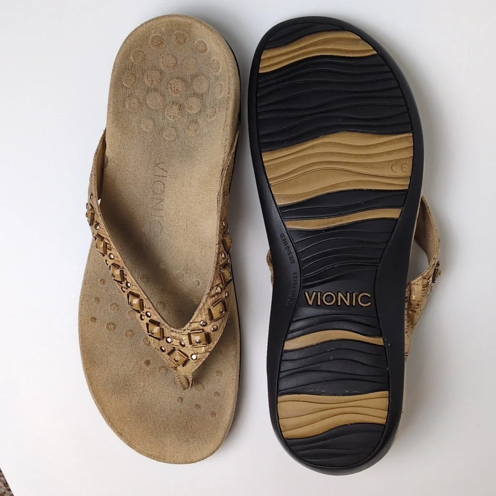 Vionic Floriana Tan Cork Embellished Suede Thong Flip Flop Sandals Women's 9